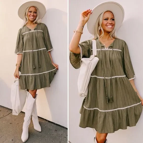 Annie Wear Olive Tiered Mini Babydoll Dress Pockets Short Sleeve NWT - Picture 7 of 15